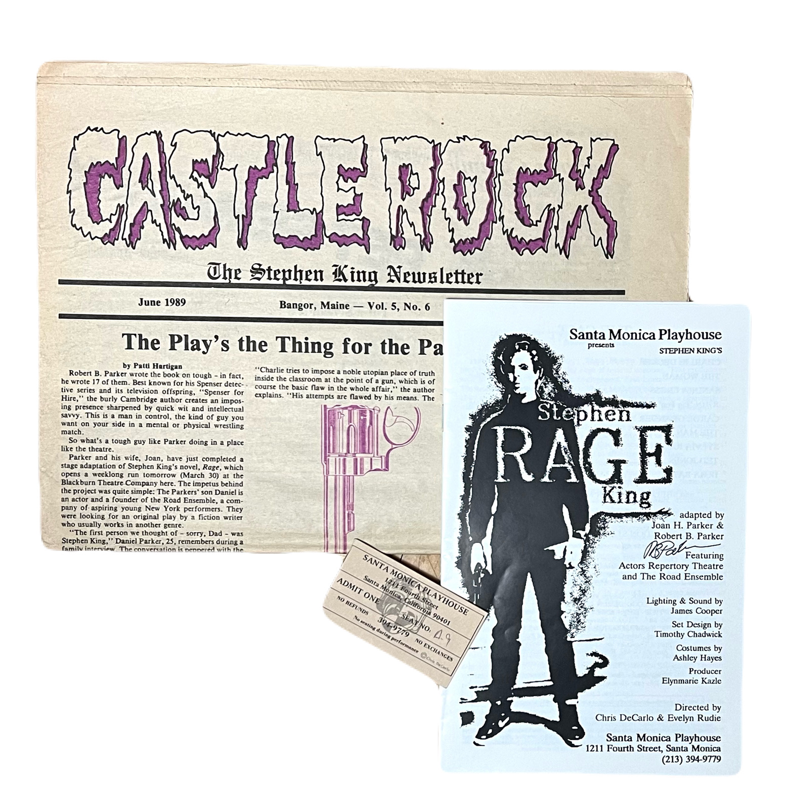 Rage ephemera. Program for the Santa Monica Playhouse production, a ticket for the same, and the June 1989 Castle Rock fan newsletter discussing the play