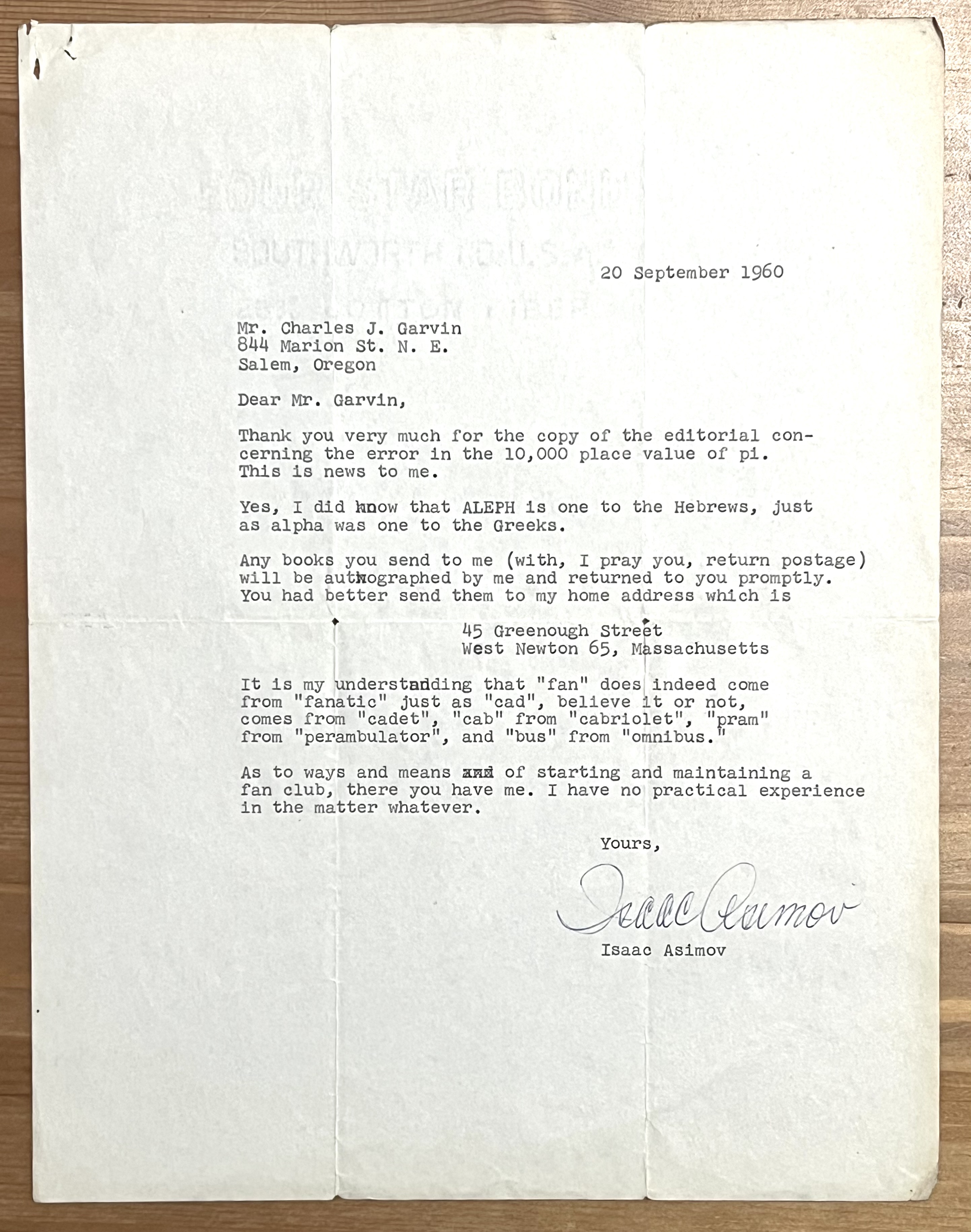 Typed Letter Signed dated 20 September 1960. Isaac Asimov TLS
