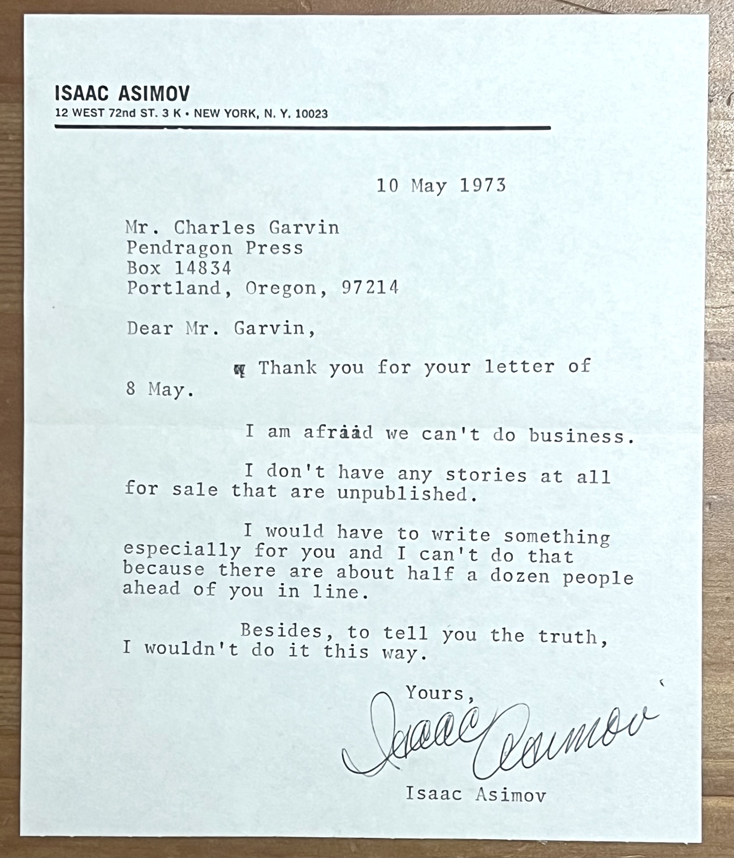Typed Letter Signed dated 10 May 1973. Isaac Asimov TLS