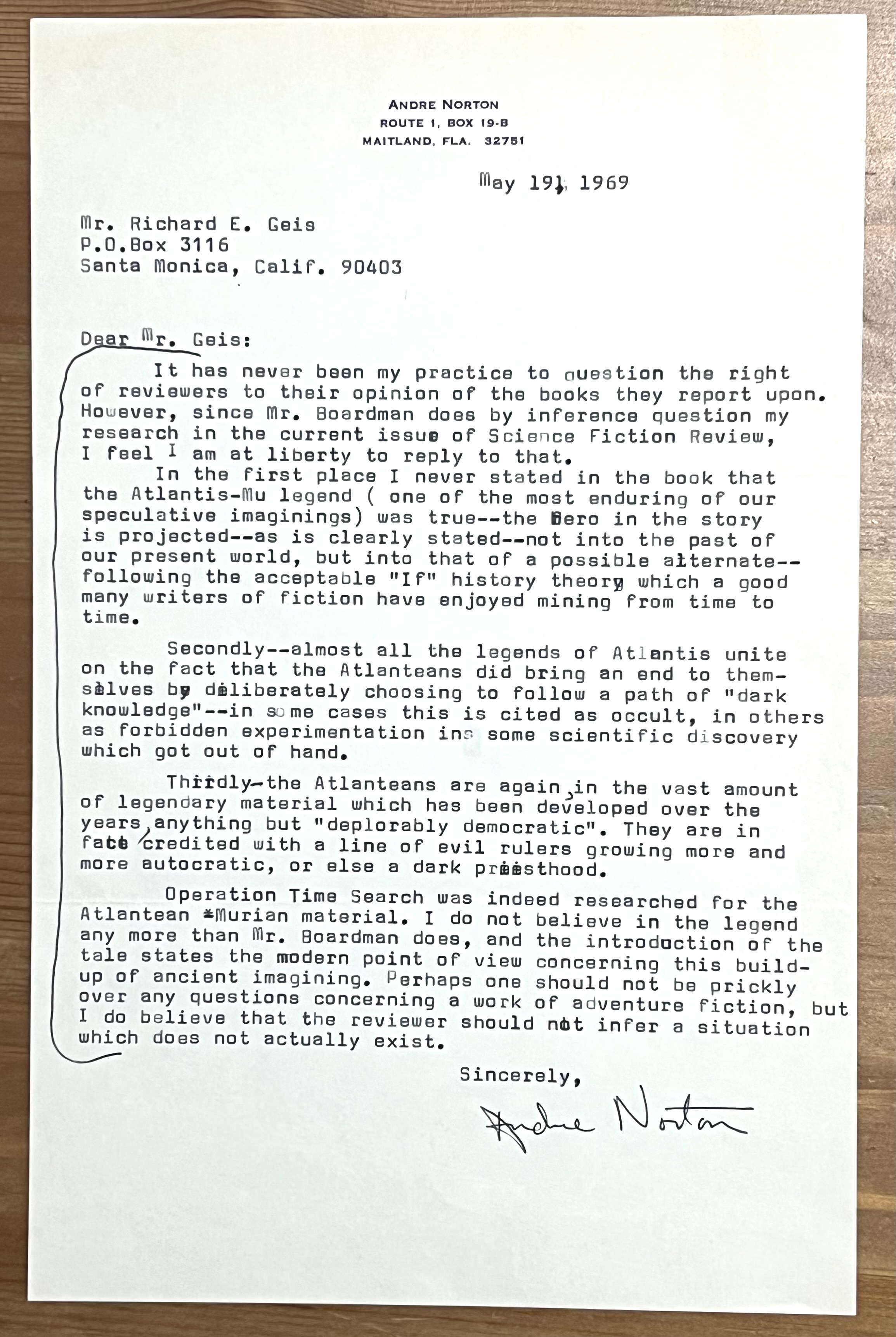 Typed Letter Signed dated May 19, 1969. Andre Norton TLS in defense of her 