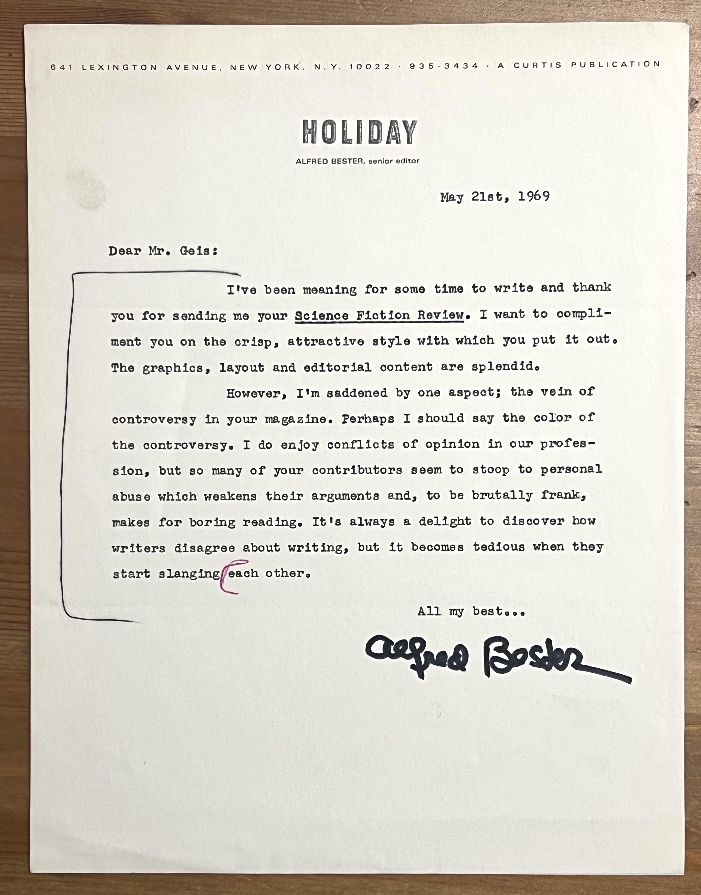 Typed Letter Signed dated May 21st, 1969. Alfred Bester TLS